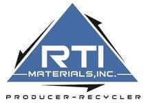 A blue triangle with the words rti materials, inc. Producer-recycled in it